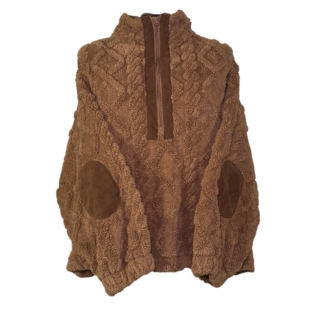 Chic Soul 3X Brown Textured Sherpa Quarter Zip half zip Sweater Corduroy Trim